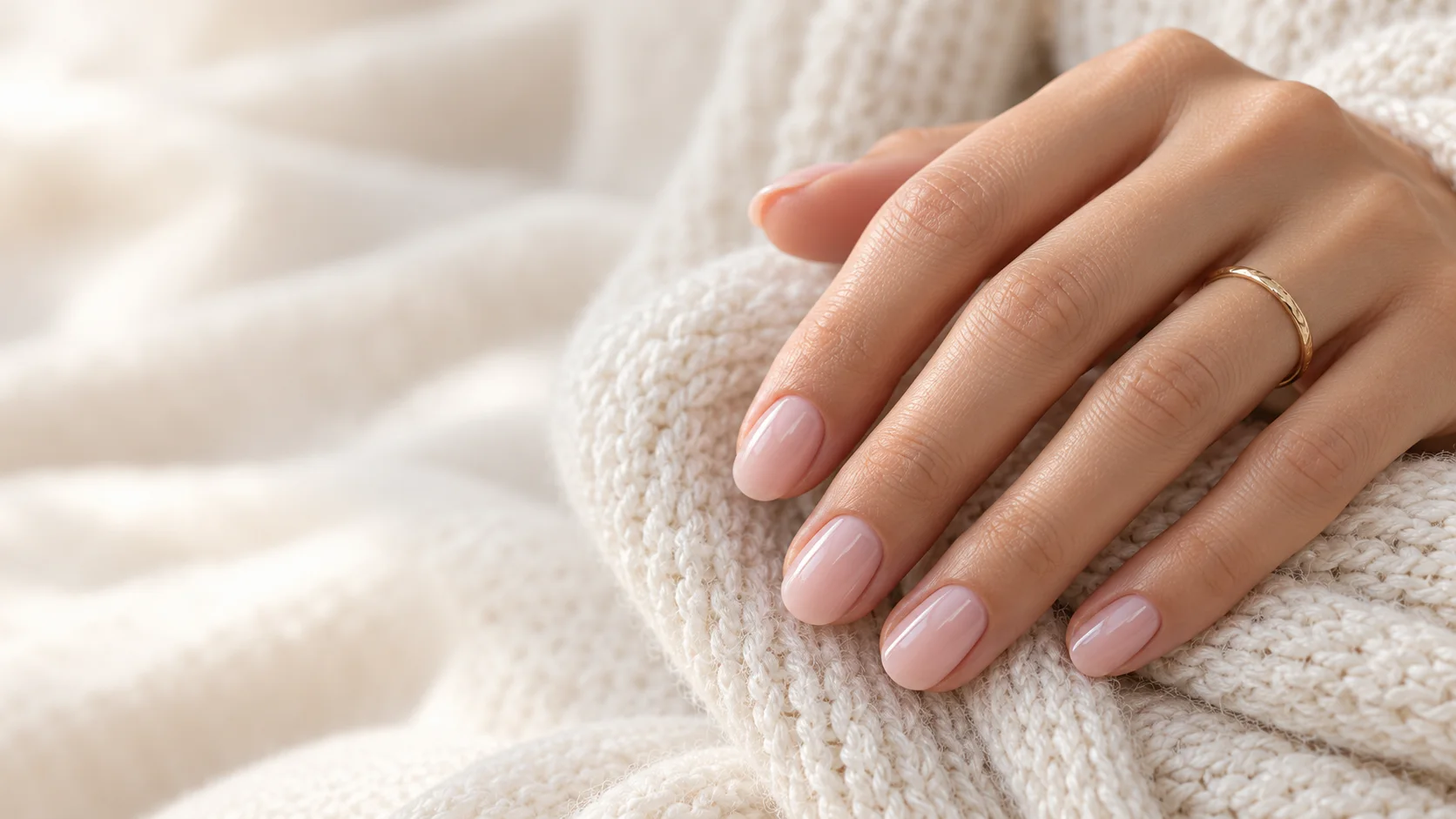 Illustration of soft pink oval nails resting on ivory knit