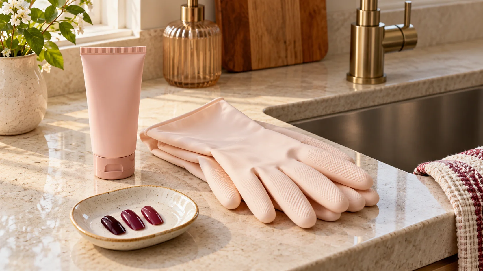 A closed cream tube and folded cleaning gloves beside a sink with detached nail samples